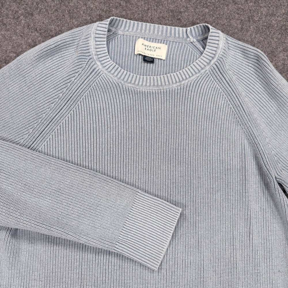 American Eagle Mens Small Light Blue Shaker Stitch Cotton Crewneck Sweater